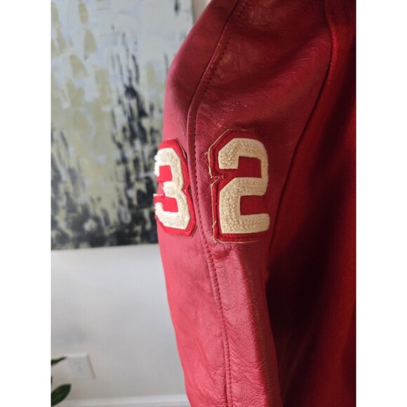 Vintage Men's Sz Large Red Varsity Letterman Leather Sleeves Bomber Jacket Coat - Picture 5 of 16